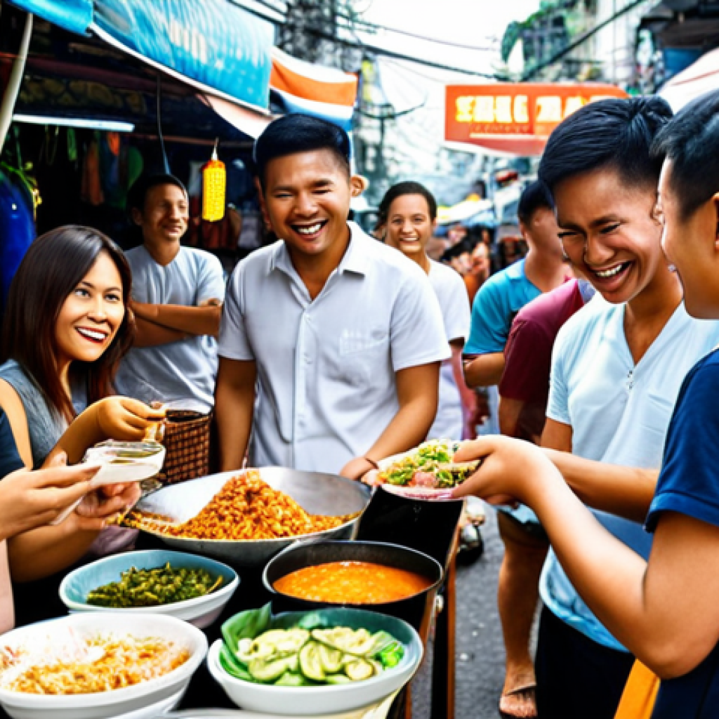 **Prompt:** *Vibrant Thai street food market bustling with people, a famous Thai influencer joyfully promoting a new food collaboration between two rival vendors, showcasing the unique product, delicious aroma fills the air, smiles and laughter.* (Focus: Collaboration, local relevance, positive emotions)