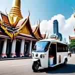 **

A futuristic Bangkok street scene. Tuk-tuks are electric and sleek, incorporating AR displays showing historical facts about landmarks. People are using smartphones to view augmented reality overlays on ancient temples. In the background, a hyperloop station blends seamlessly with traditional Thai architecture. The overall atmosphere is vibrant and technologically advanced, yet retains a strong sense of Thai culture.

**