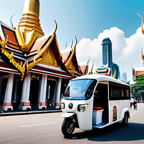 **

A futuristic Bangkok street scene. Tuk-tuks are electric and sleek, incorporating AR displays showing historical facts about landmarks. People are using smartphones to view augmented reality overlays on ancient temples. In the background, a hyperloop station blends seamlessly with traditional Thai architecture. The overall atmosphere is vibrant and technologically advanced, yet retains a strong sense of Thai culture.

**
