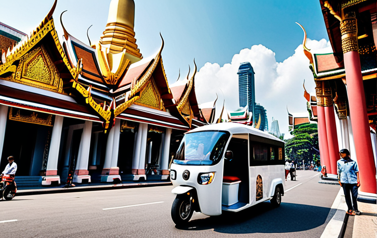 **

A futuristic Bangkok street scene. Tuk-tuks are electric and sleek, incorporating AR displays showing historical facts about landmarks. People are using smartphones to view augmented reality overlays on ancient temples. In the background, a hyperloop station blends seamlessly with traditional Thai architecture. The overall atmosphere is vibrant and technologically advanced, yet retains a strong sense of Thai culture.

**